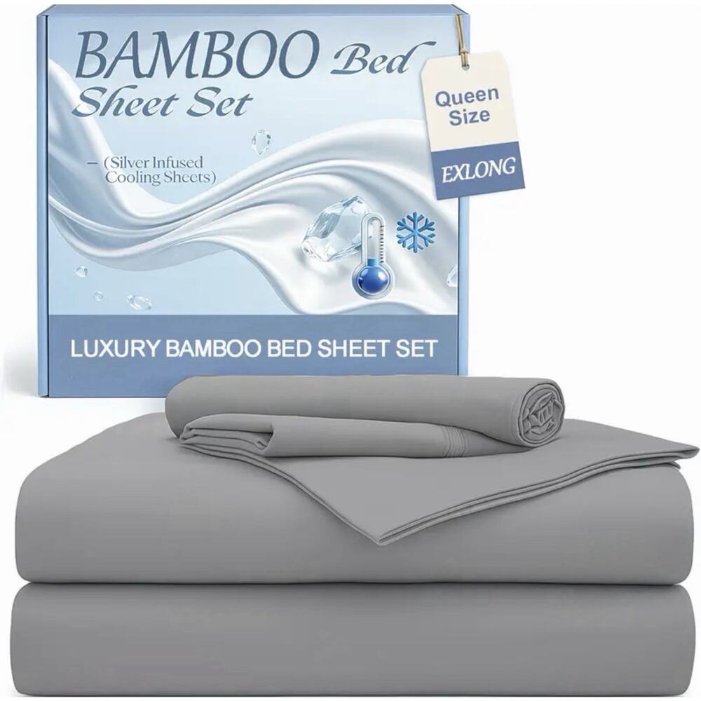 Luxury Bamboo King Size Bed Sheet Set - Cooling, Silky Soft, Gray
